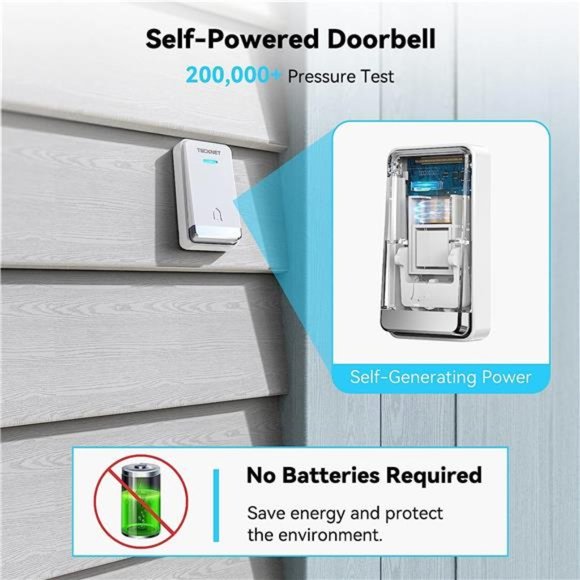 Self-Powered Wireless Doorbell, Waterproof Door Chime Kit, No Battery Required - Picture 2 of 6
